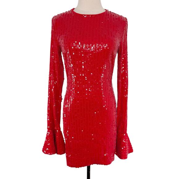 NWT ROTATE Birger Christensen Sequins Long Sleeve Mini Dress Red Cocktail Size 4 - Picture 3 of 16
